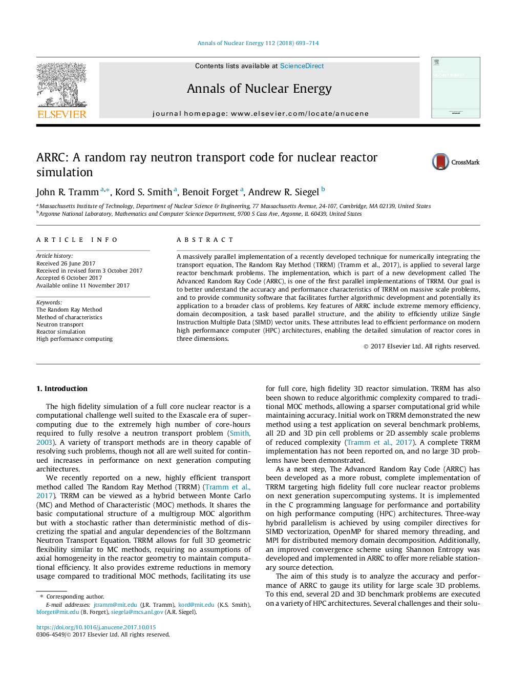 ARRC: A random ray neutron transport code for nuclear reactor simulation