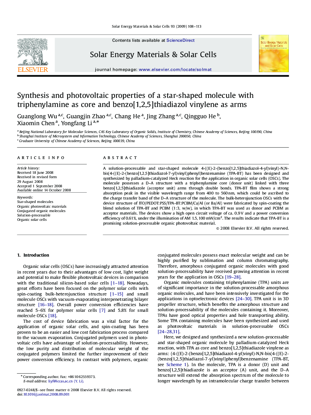 Synthesis and photovoltaic properties of a star-shaped molecule with triphenylamine as core and benzo[1,2,5]thiadiazol vinylene as arms