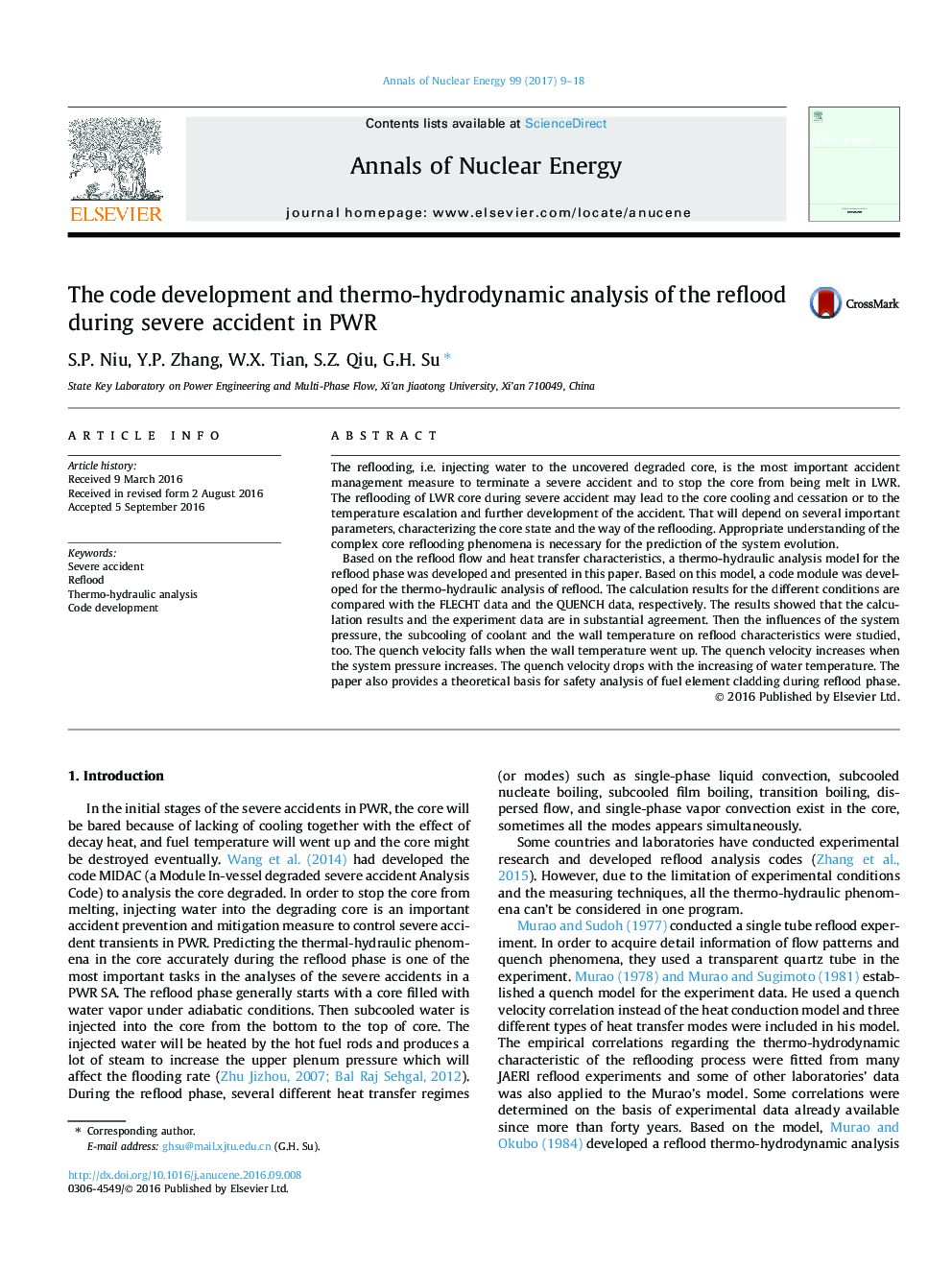 عکس صفحه اول مقاله: The code development and thermo-hydrodynamic analysis of the reflood during severe accident in PWR The code development and thermo-hydrodynamic analysis of the reflood during severe accident in PWR