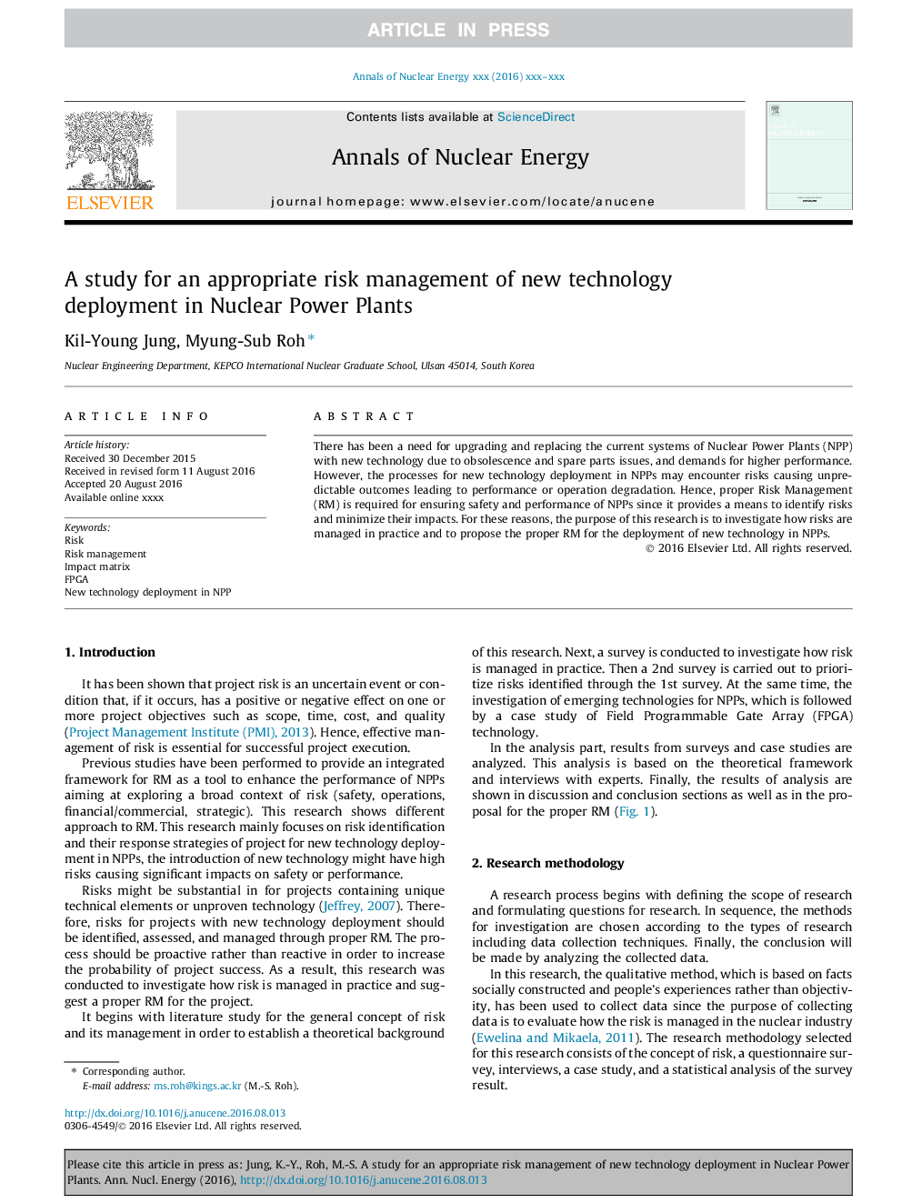 A study for an appropriate risk management of new technology deployment in Nuclear Power Plants