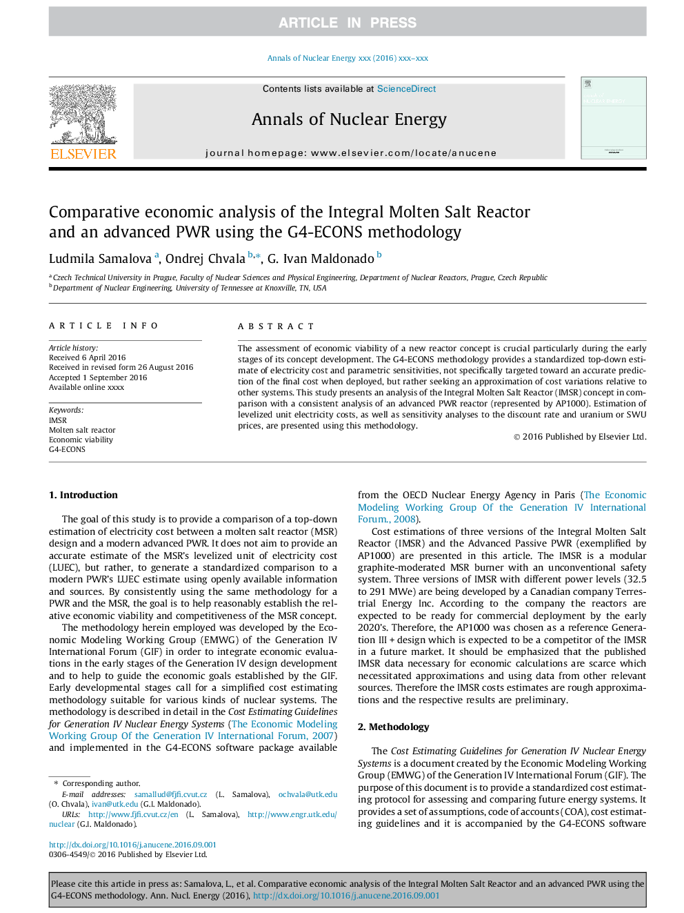 Comparative economic analysis of the Integral Molten Salt Reactor and an advanced PWR using the G4-ECONS methodology