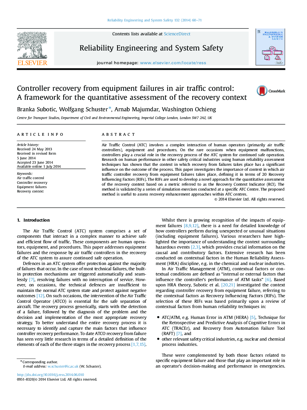 Controller recovery from equipment failures in air traffic control: A framework for the quantitative assessment of the recovery context