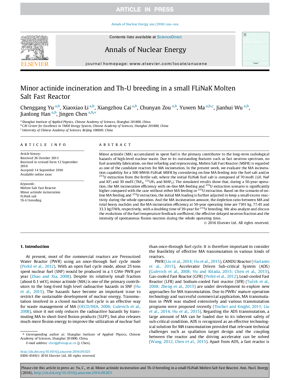 Minor actinide incineration and Th-U breeding in a small FLiNaK Molten Salt Fast Reactor