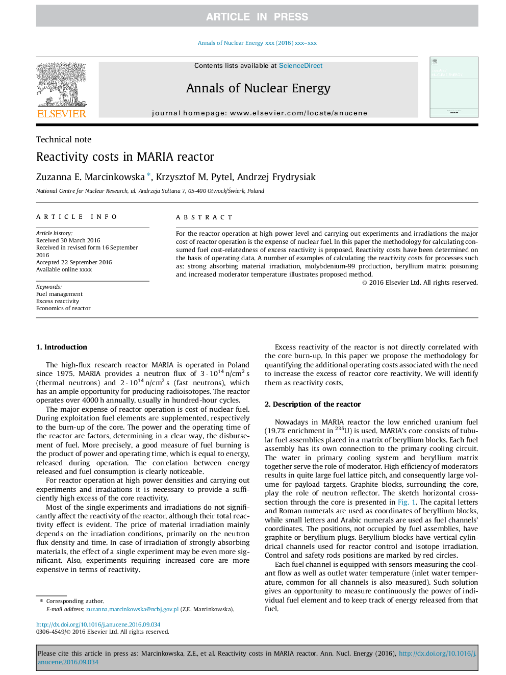 Reactivity costs in MARIA reactor