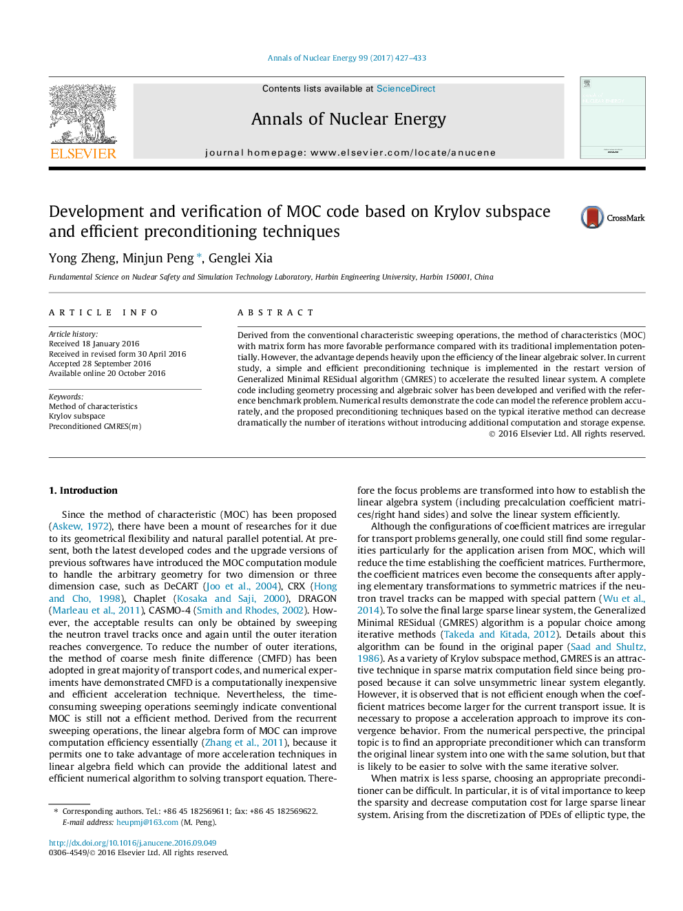 Development and verification of MOC code based on Krylov subspace and efficient preconditioning techniques