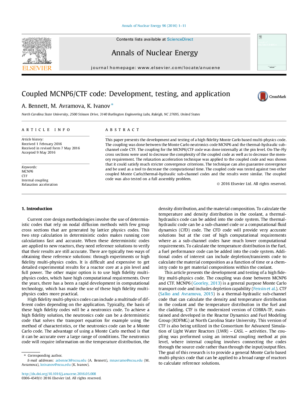 Coupled MCNP6/CTF code: Development, testing, and application