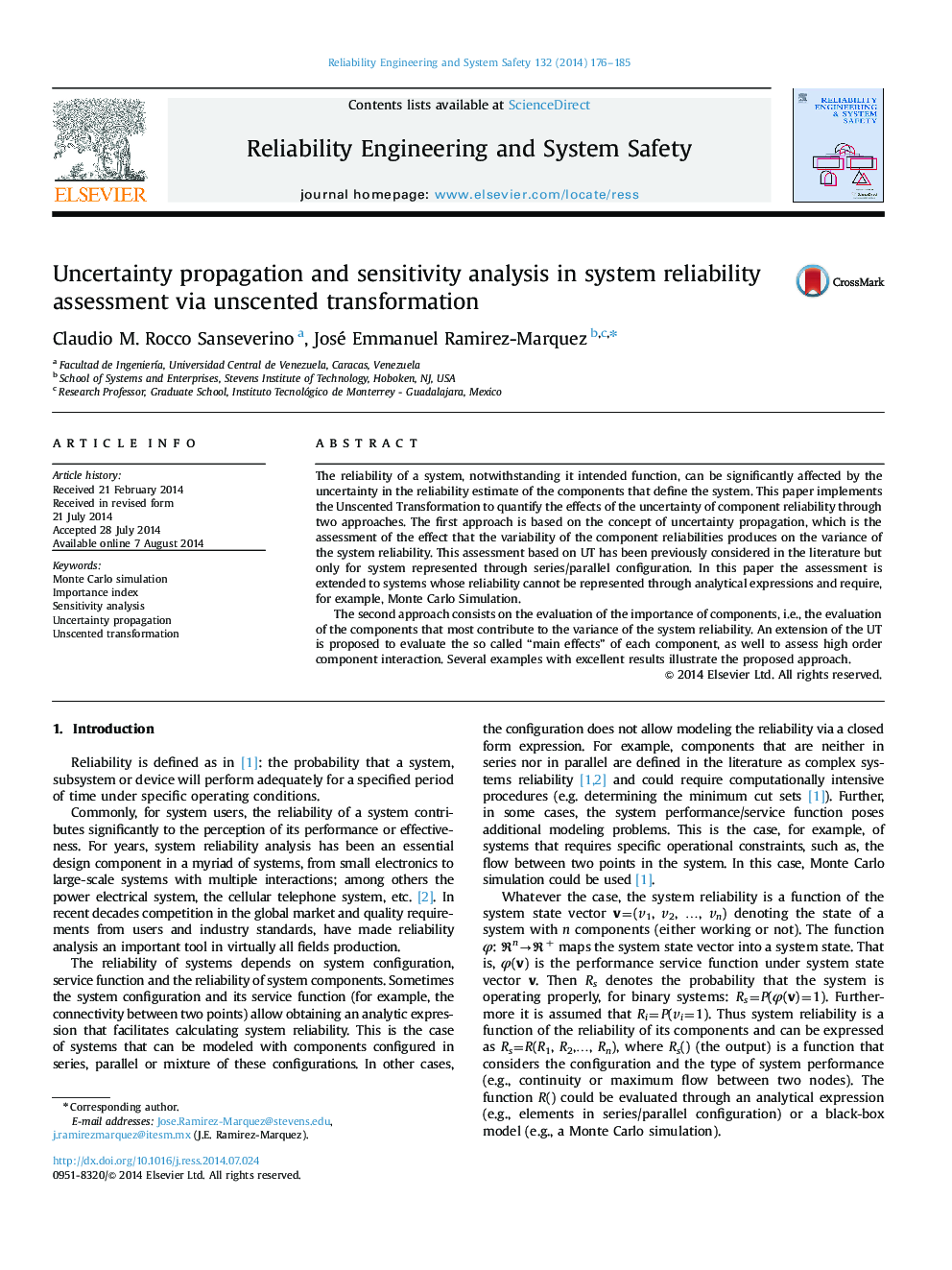 Uncertainty propagation and sensitivity analysis in system reliability assessment via unscented transformation