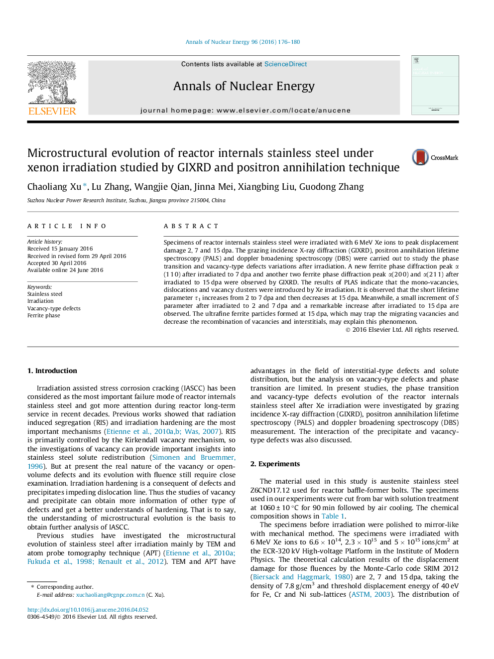 Microstructural evolution of reactor internals stainless steel under xenon irradiation studied by GIXRD and positron annihilation technique