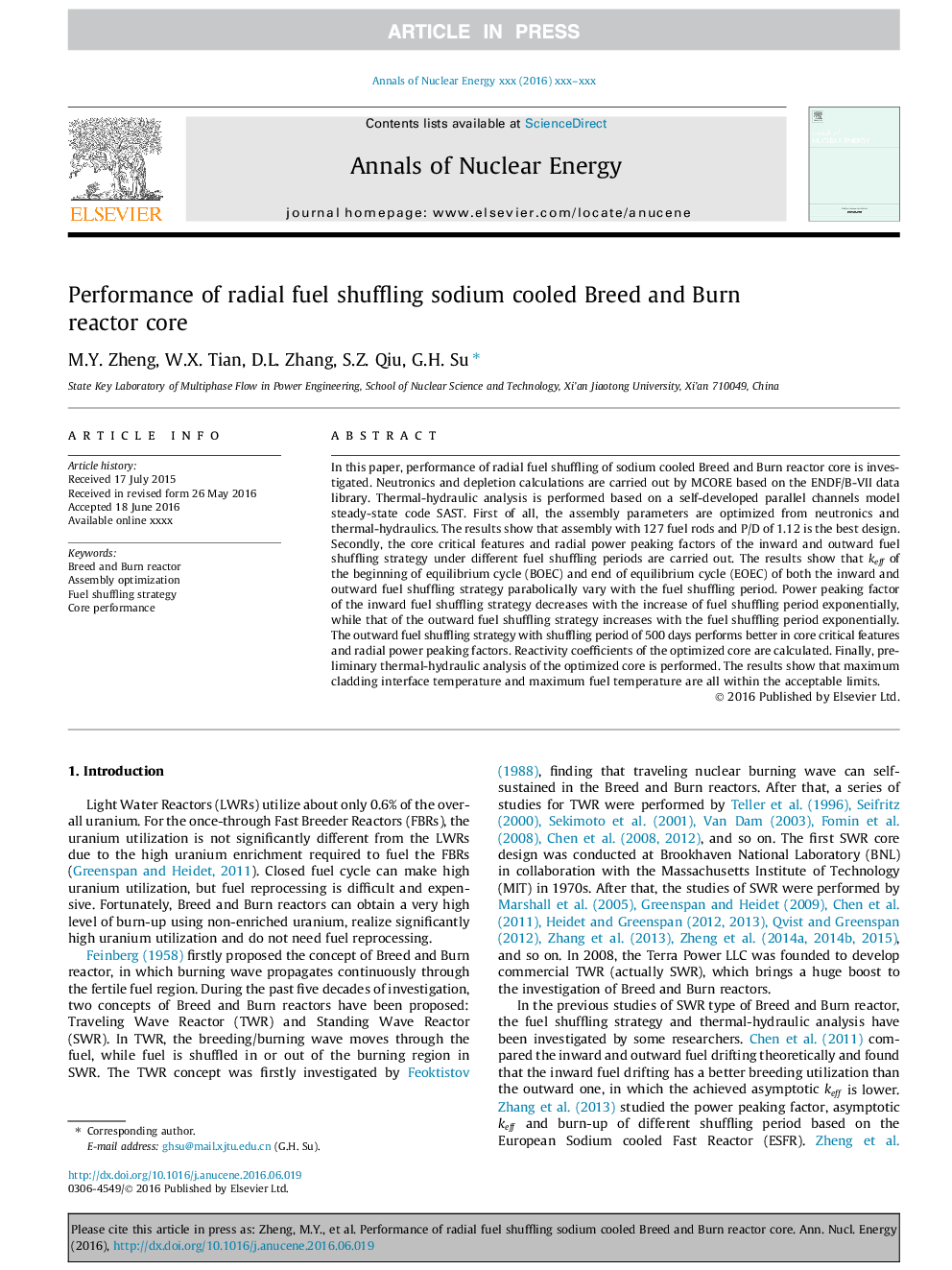 Performance of radial fuel shuffling sodium cooled Breed and Burn reactor core
