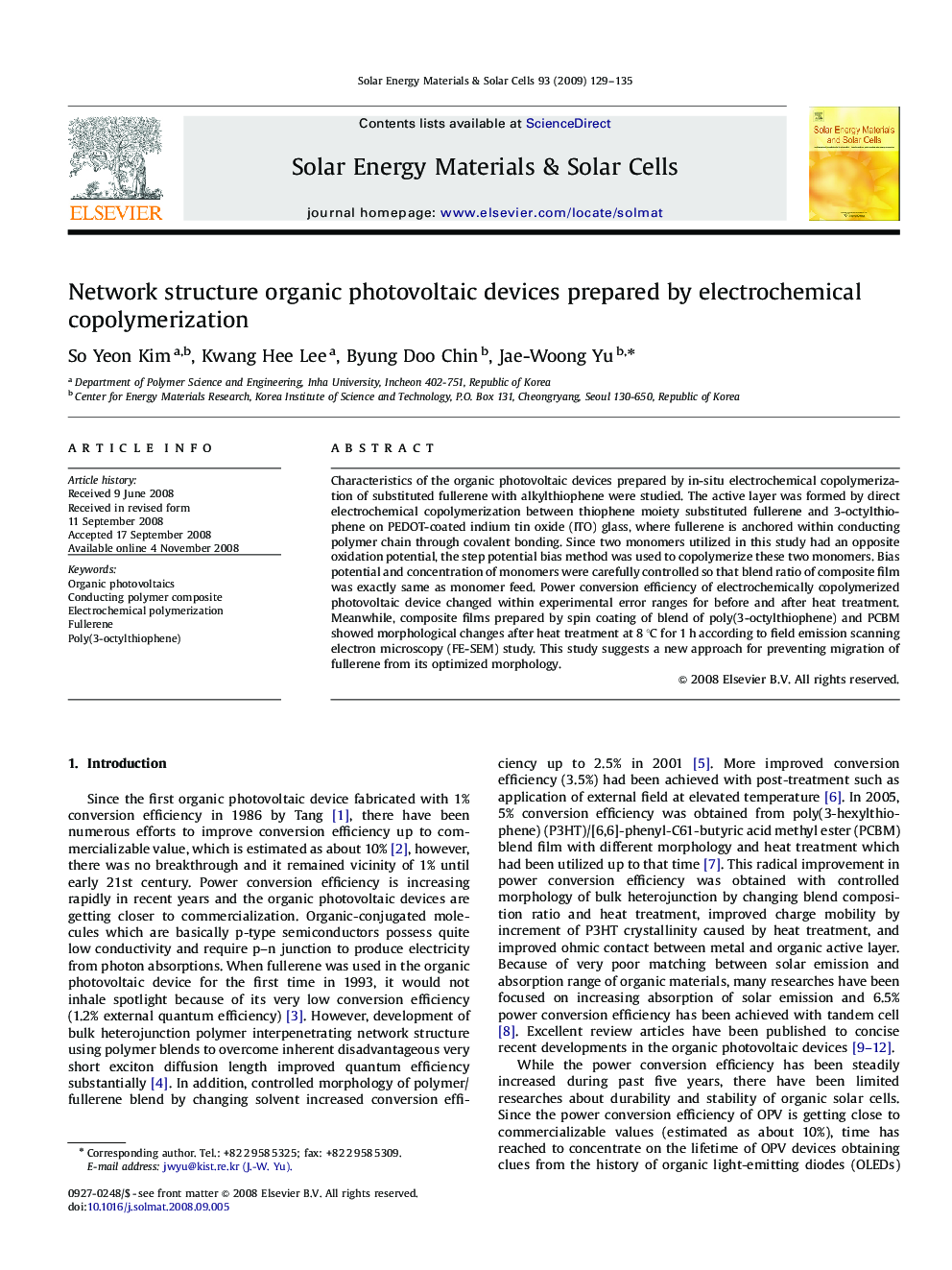 Network structure organic photovoltaic devices prepared by electrochemical copolymerization