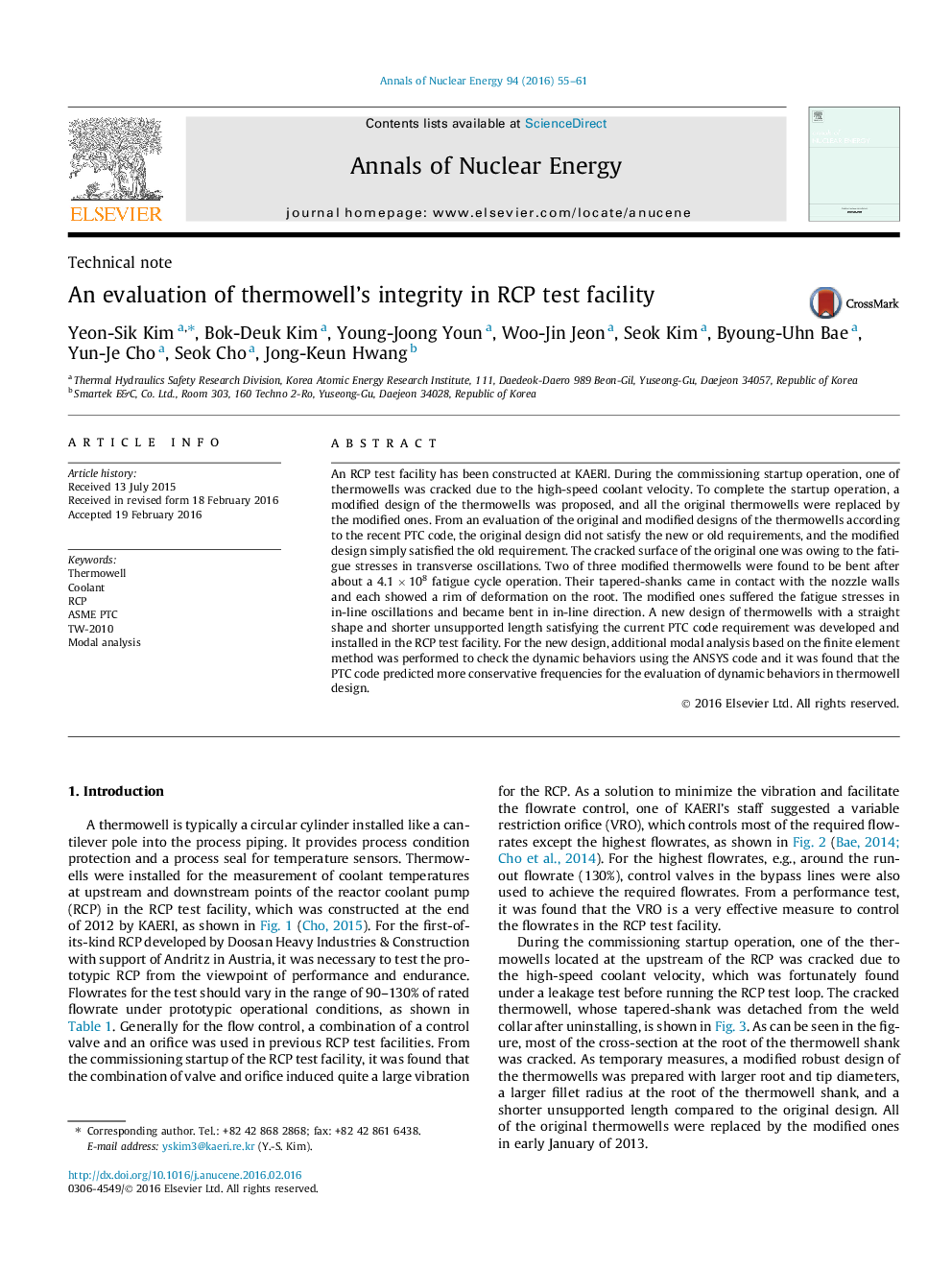 An evaluation of thermowell's integrity in RCP test facility