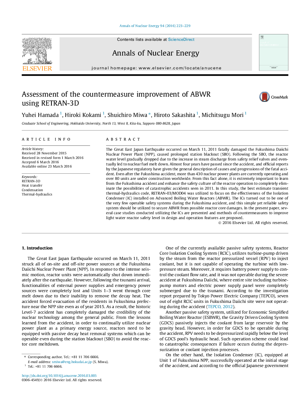 Assessment of the countermeasure improvement of ABWR using RETRAN-3D