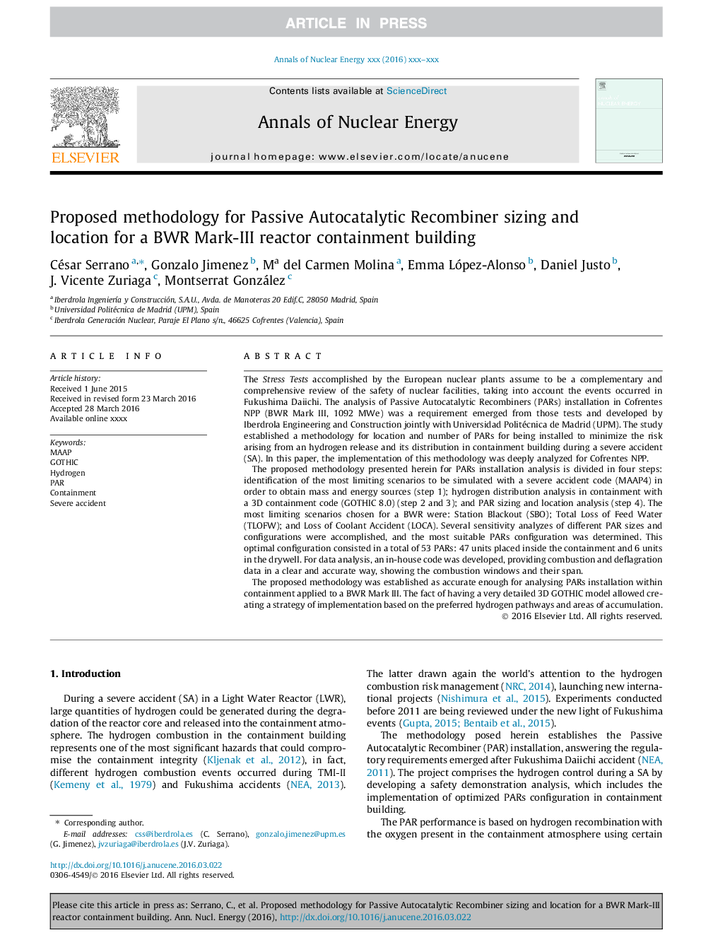 Proposed methodology for Passive Autocatalytic Recombiner sizing and location for a BWR Mark-III reactor containment building