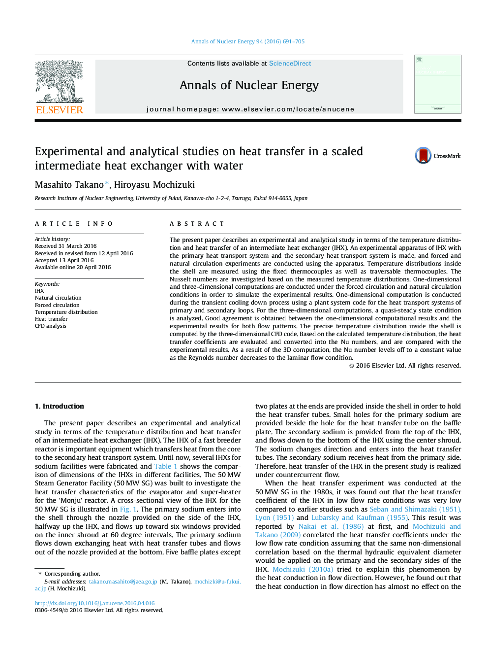 Experimental and analytical studies on heat transfer in a scaled intermediate heat exchanger with water