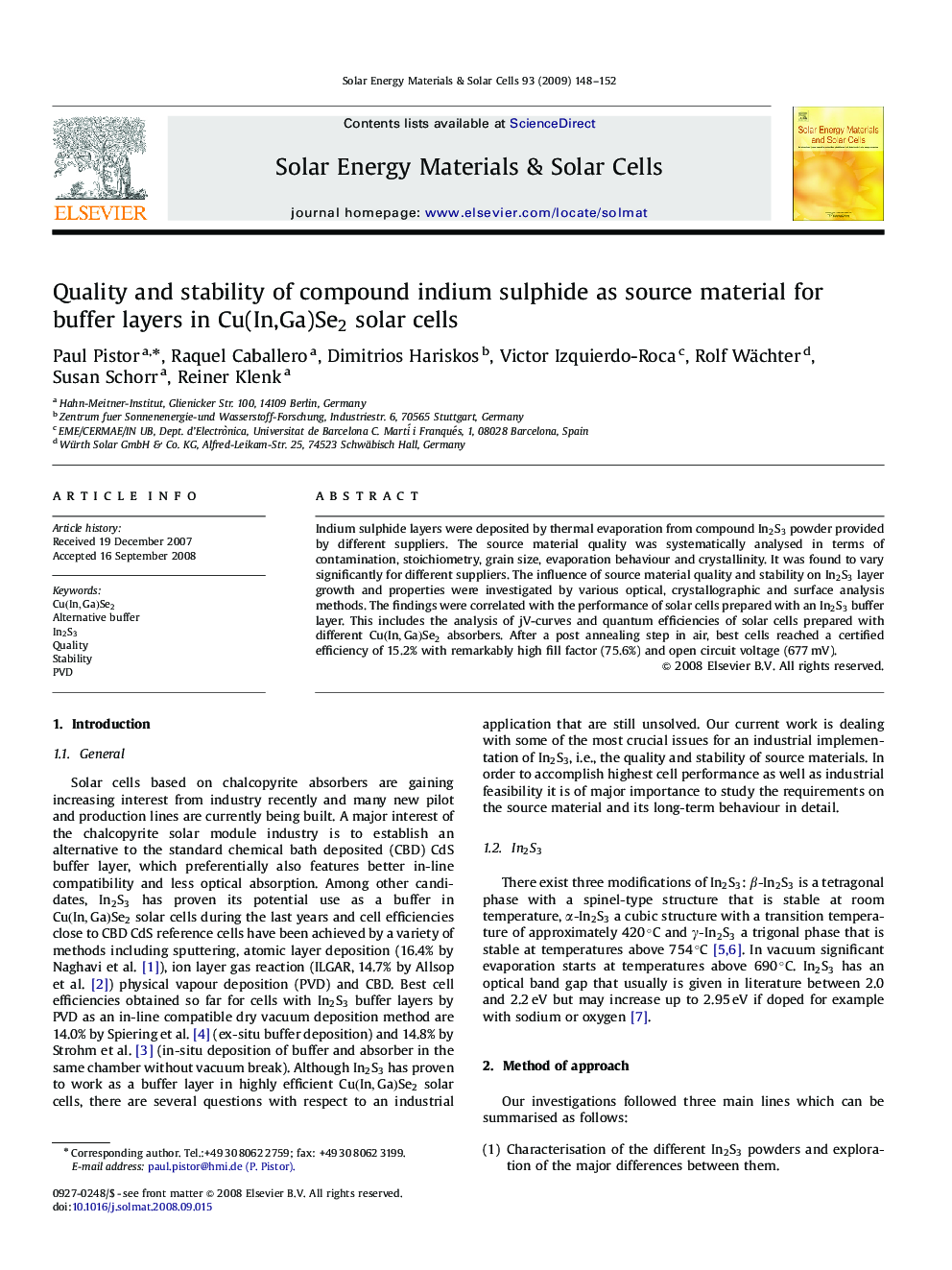 Quality and stability of compound indium sulphide as source material for buffer layers in Cu(In,Ga)Se22 solar cells