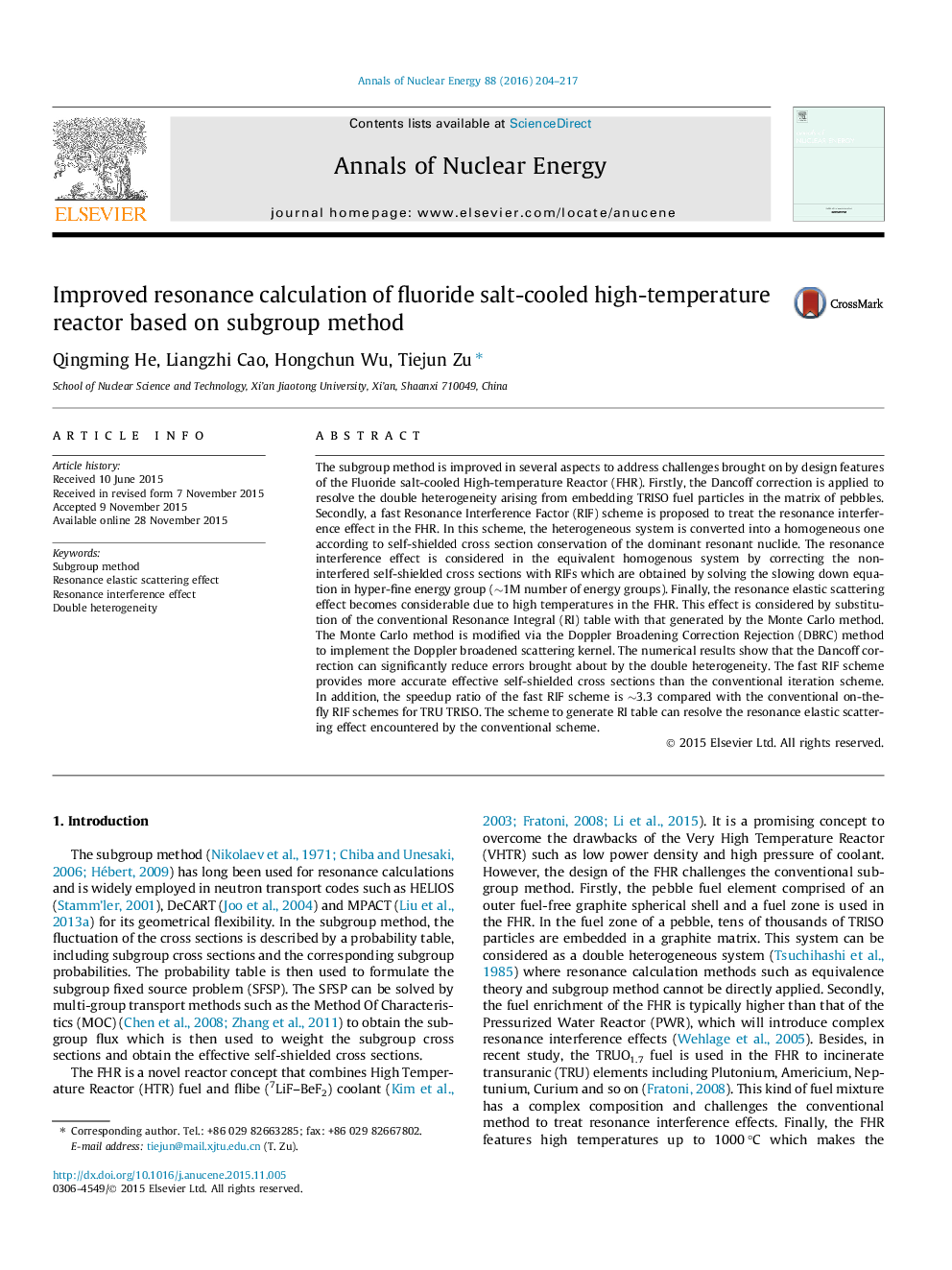 Improved resonance calculation of fluoride salt-cooled high-temperature reactor based on subgroup method