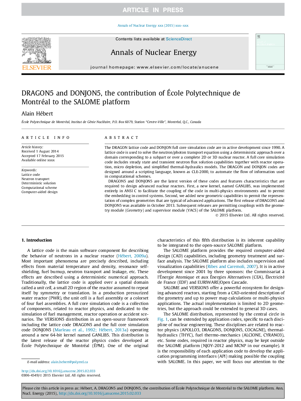 DRAGON5 and DONJON5, the contribution of Ãcole Polytechnique de Montréal to the SALOME platform