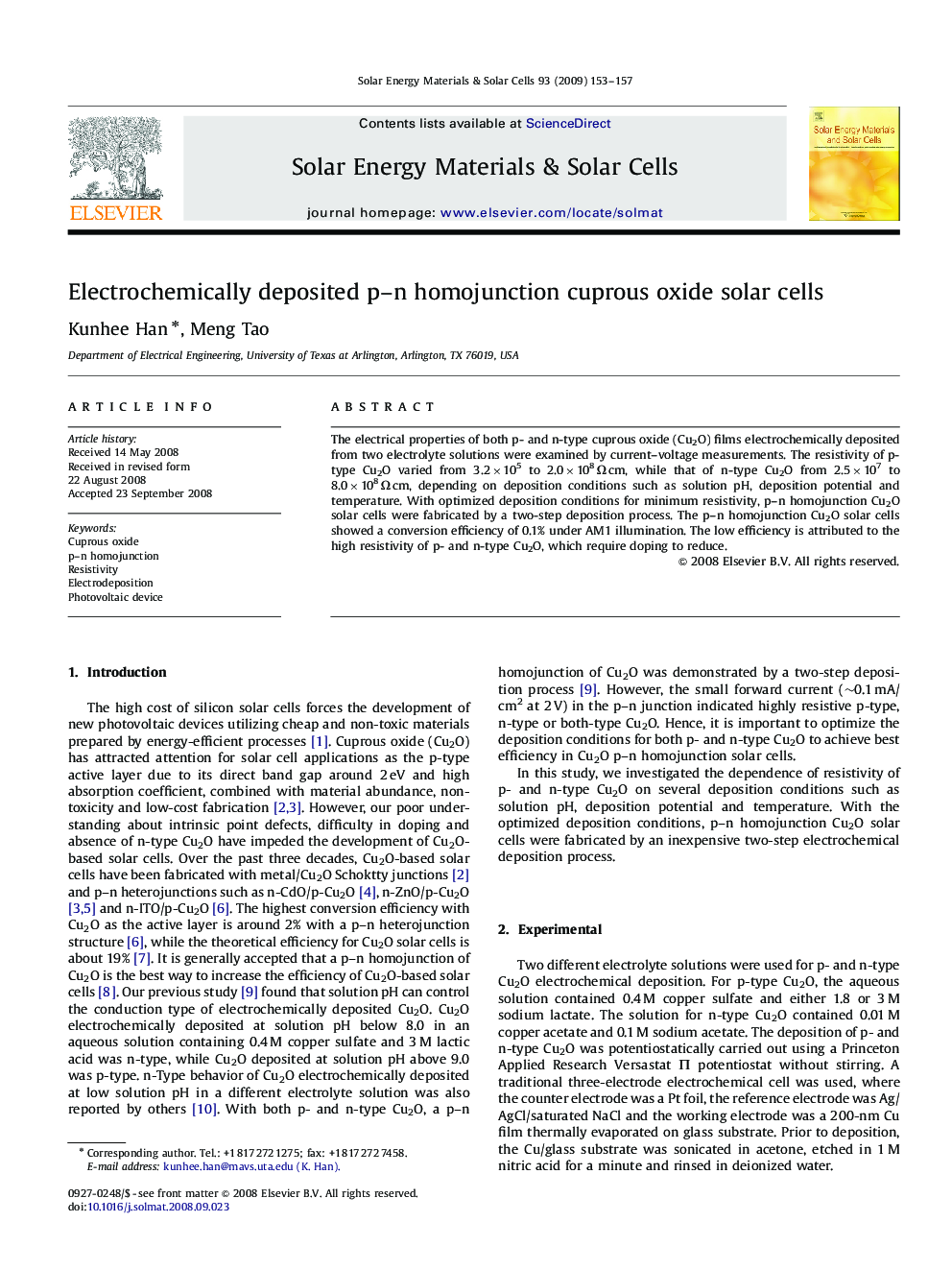 Electrochemically deposited p–n homojunction cuprous oxide solar cells