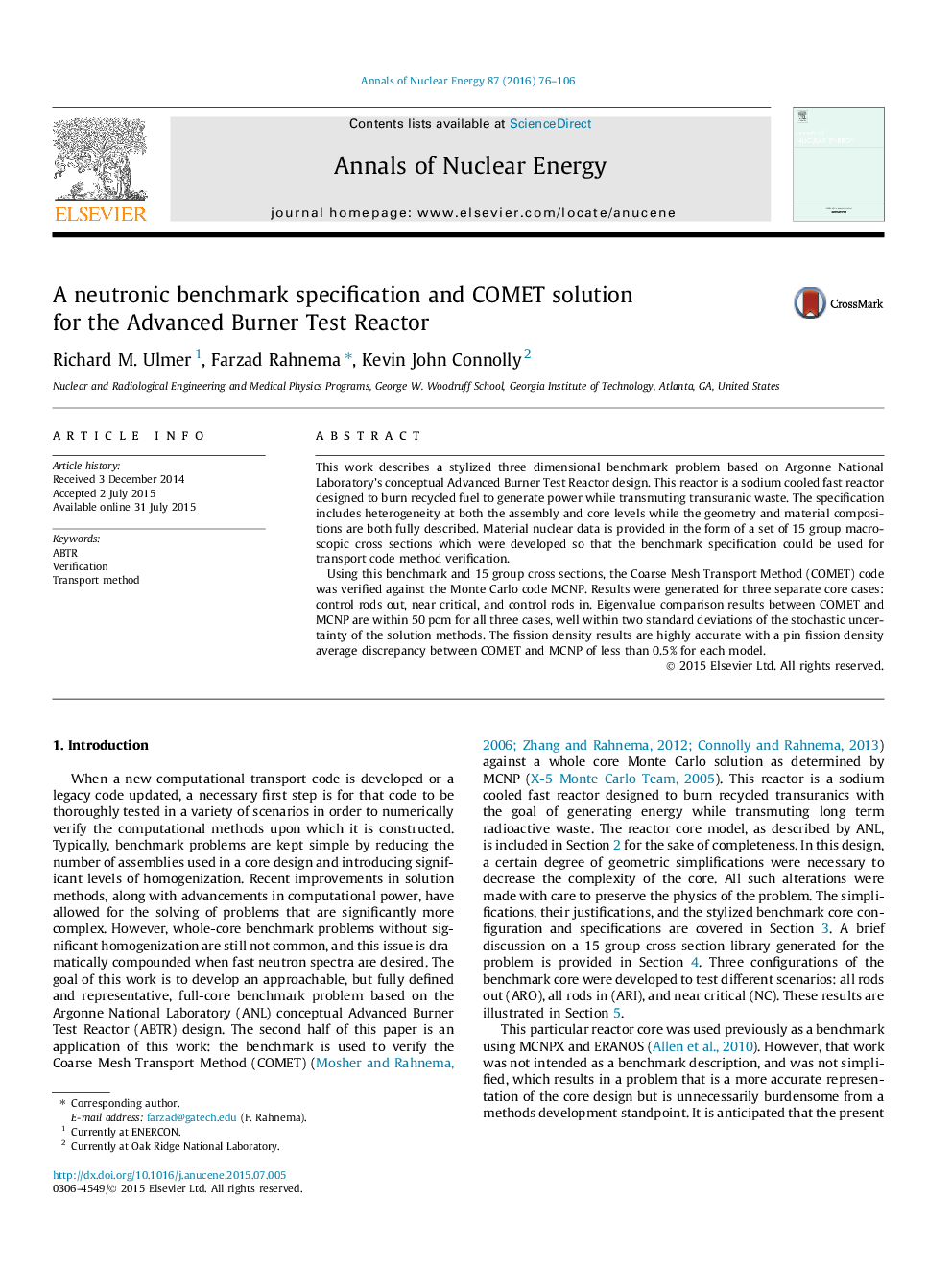 A neutronic benchmark specification and COMET solution for the Advanced Burner Test Reactor