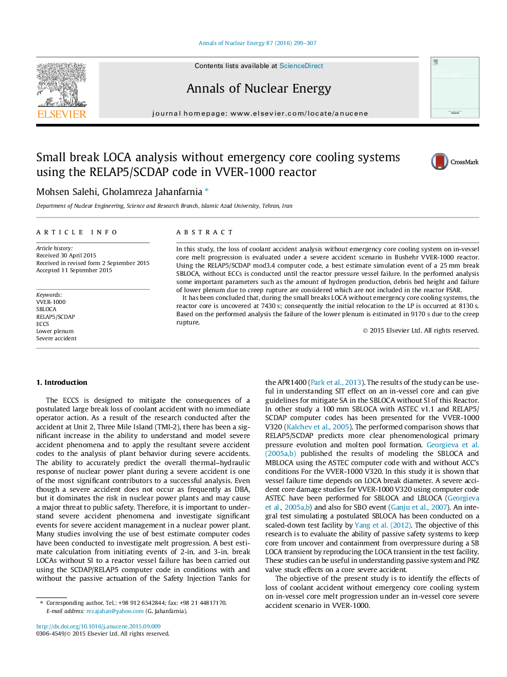 Small break LOCA analysis without emergency core cooling systems using the RELAP5/SCDAP code in VVER-1000 reactor