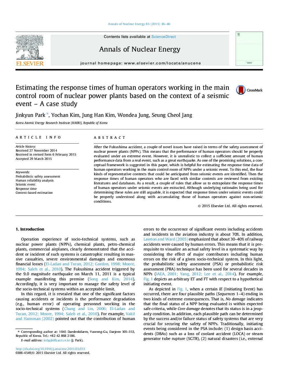 Estimating the response times of human operators working in the main control room of nuclear power plants based on the context of a seismic event - A case study