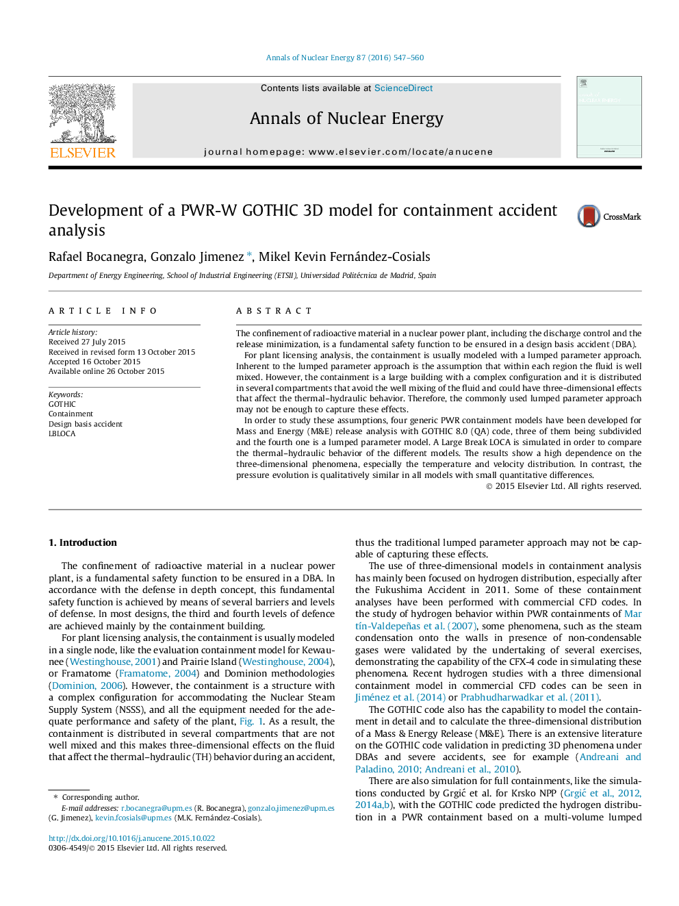 Development of a PWR-W GOTHIC 3D model for containment accident analysis