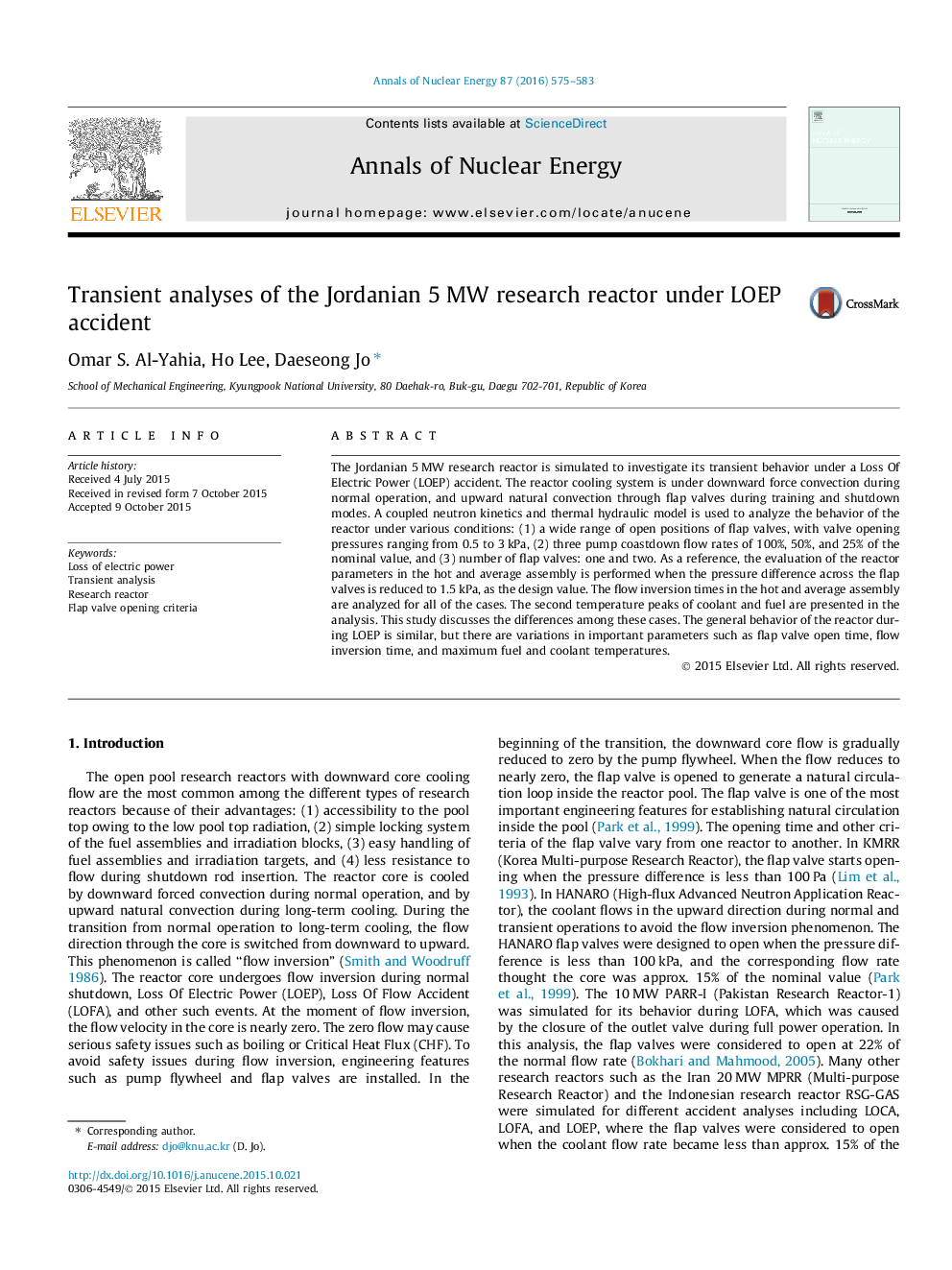 Transient analyses of the Jordanian 5Â MW research reactor under LOEP accident