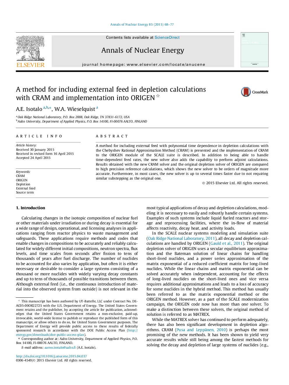 A method for including external feed in depletion calculations with CRAM and implementation into ORIGEN