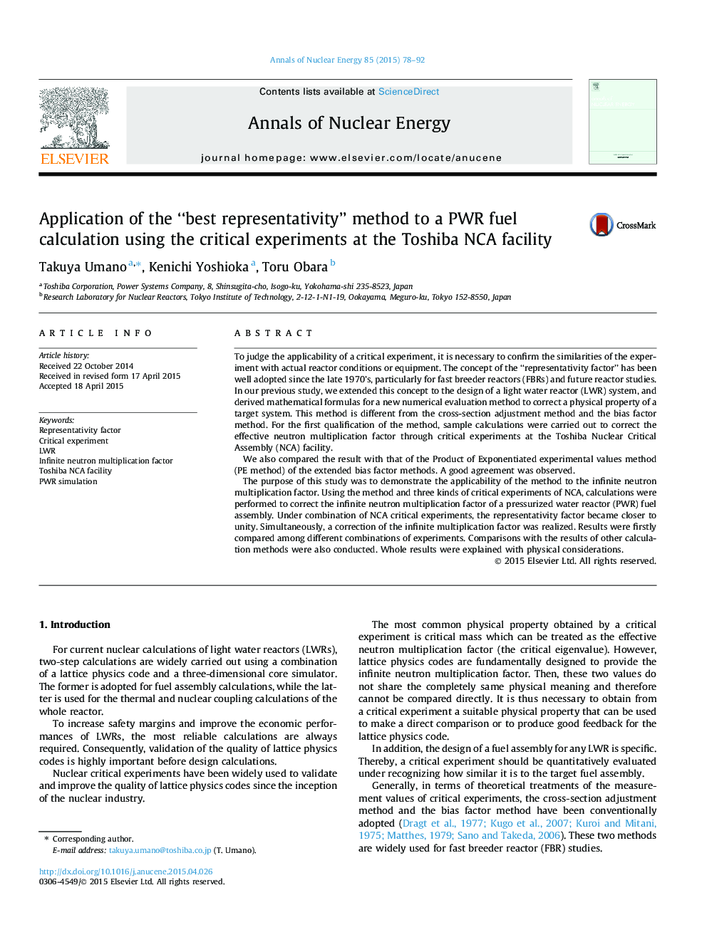 Application of the “best representativity” method to a PWR fuel calculation using the critical experiments at the Toshiba NCA facility