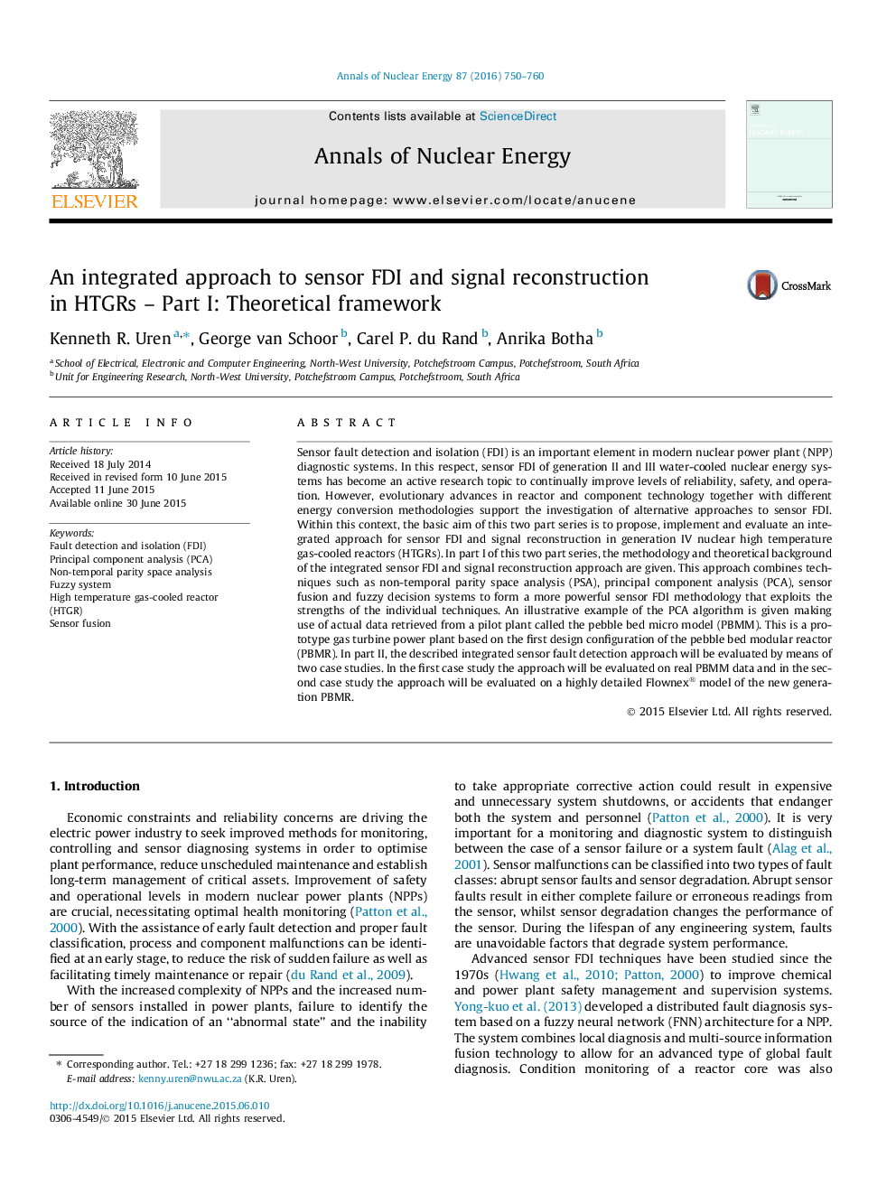 An integrated approach to sensor FDI and signal reconstruction in HTGRs - Part I: Theoretical framework