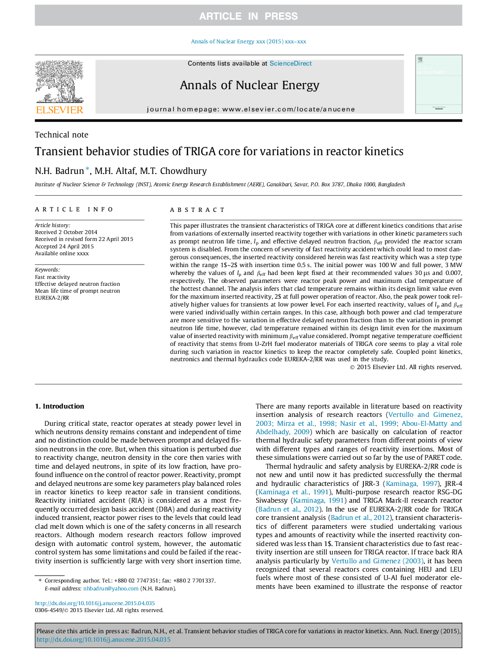 Transient behavior studies of TRIGA core for variations in reactor kinetics