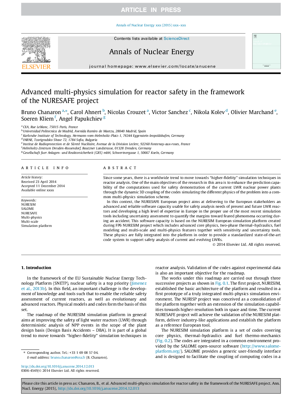 Advanced multi-physics simulation for reactor safety in the framework of the NURESAFE project