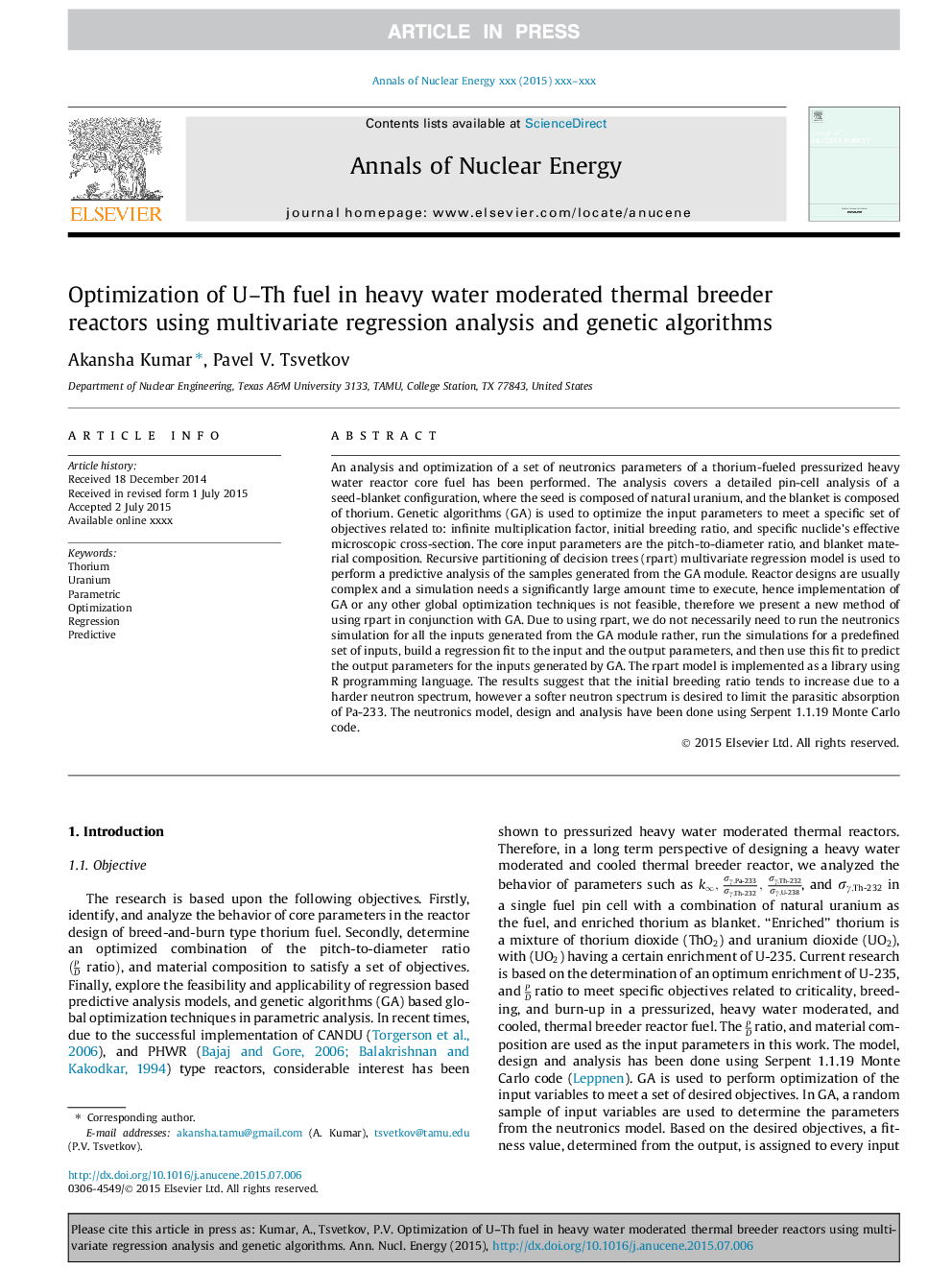 Optimization of U-Th fuel in heavy water moderated thermal breeder reactors using multivariate regression analysis and genetic algorithms