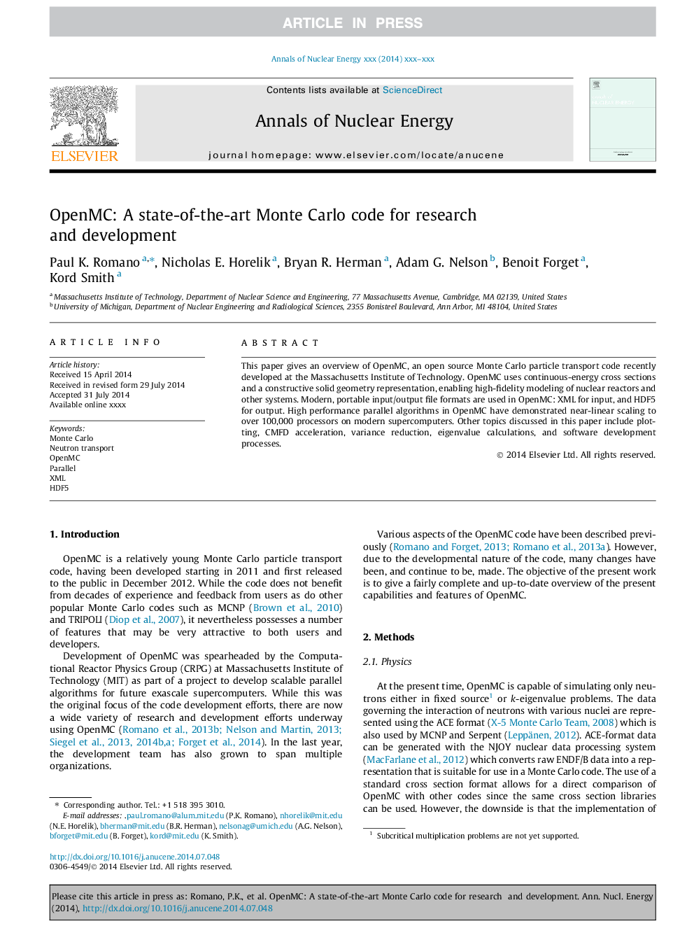 OpenMC: A state-of-the-art Monte Carlo code for research and development