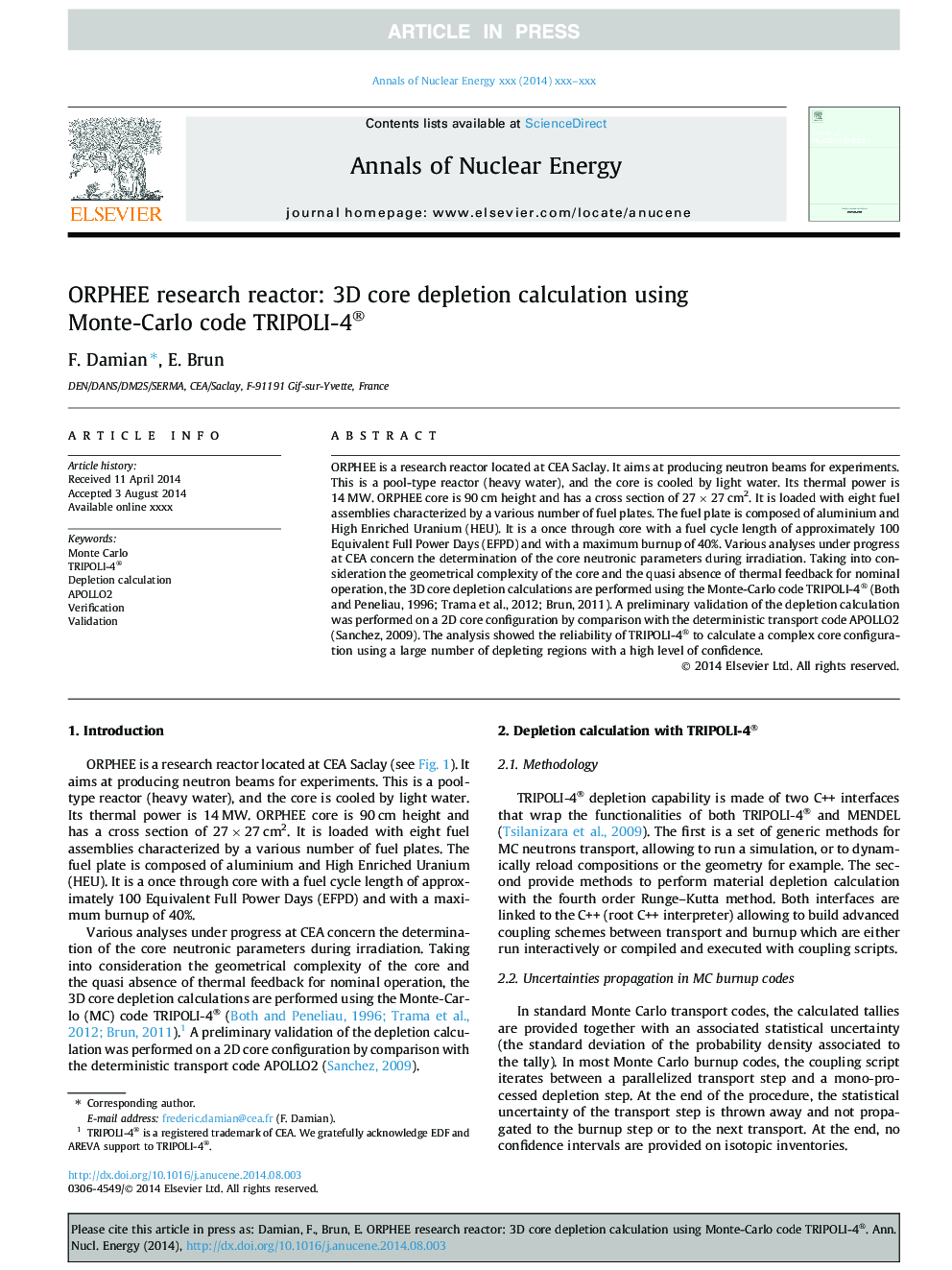 ORPHEE research reactor: 3D core depletion calculation using Monte-Carlo code TRIPOLI-4®