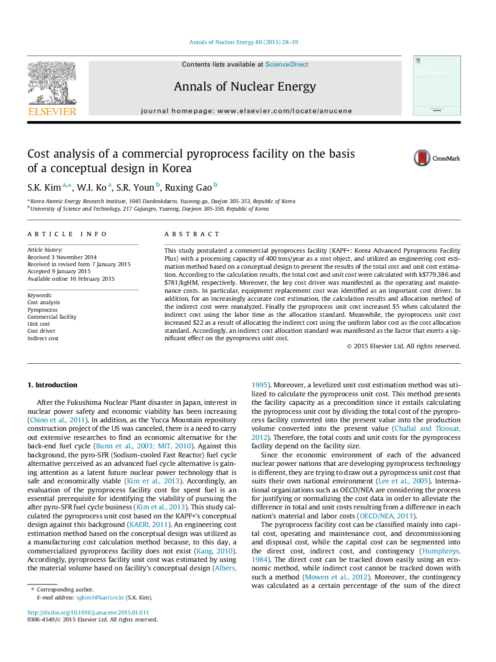 Cost analysis of a commercial pyroprocess facility on the basis of a conceptual design in Korea