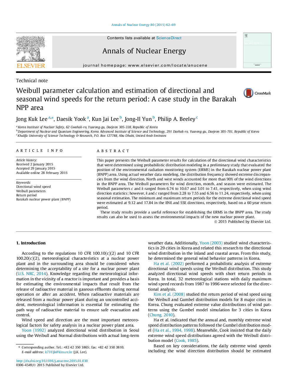 Weibull parameter calculation and estimation of directional and seasonal wind speeds for the return period: A case study in the Barakah NPP area