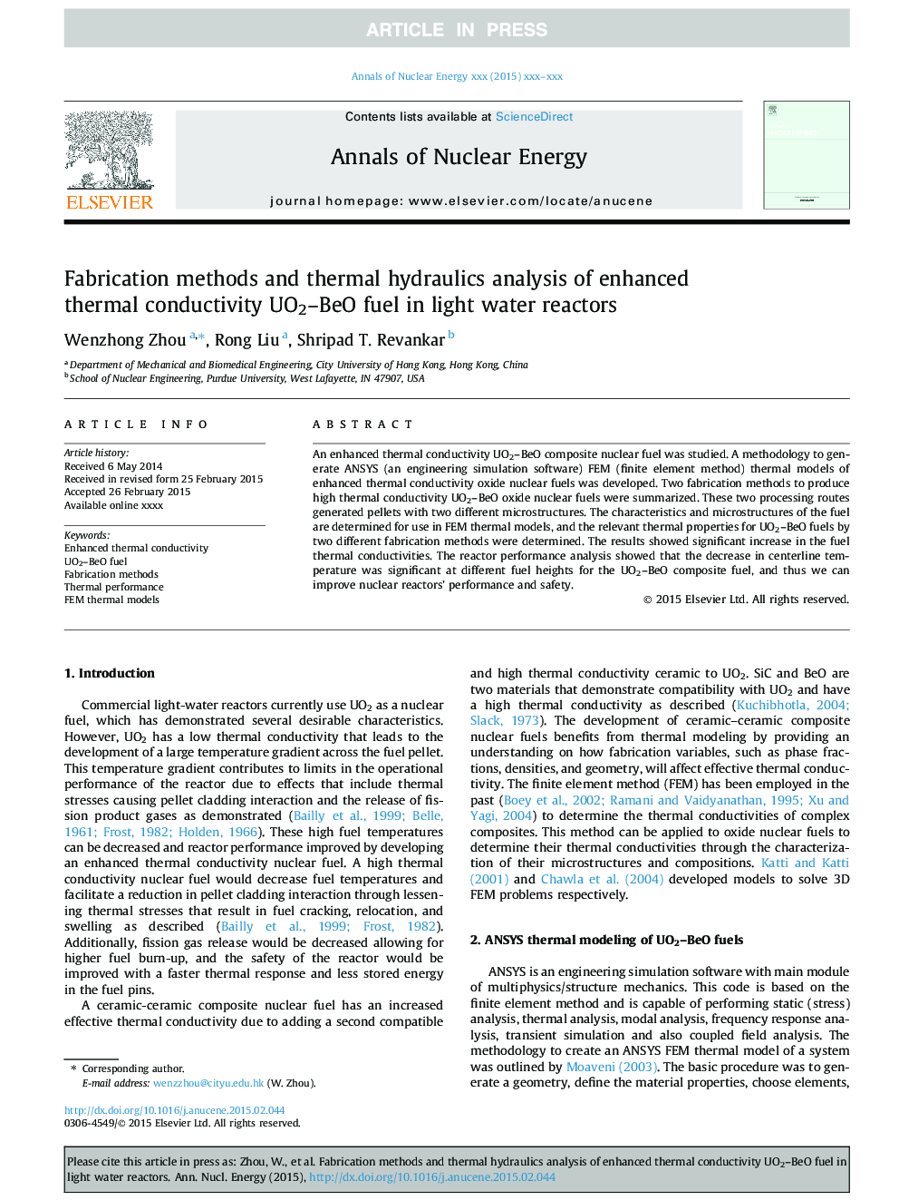 Fabrication methods and thermal hydraulics analysis of enhanced thermal conductivity UO2-BeO fuel in light water reactors