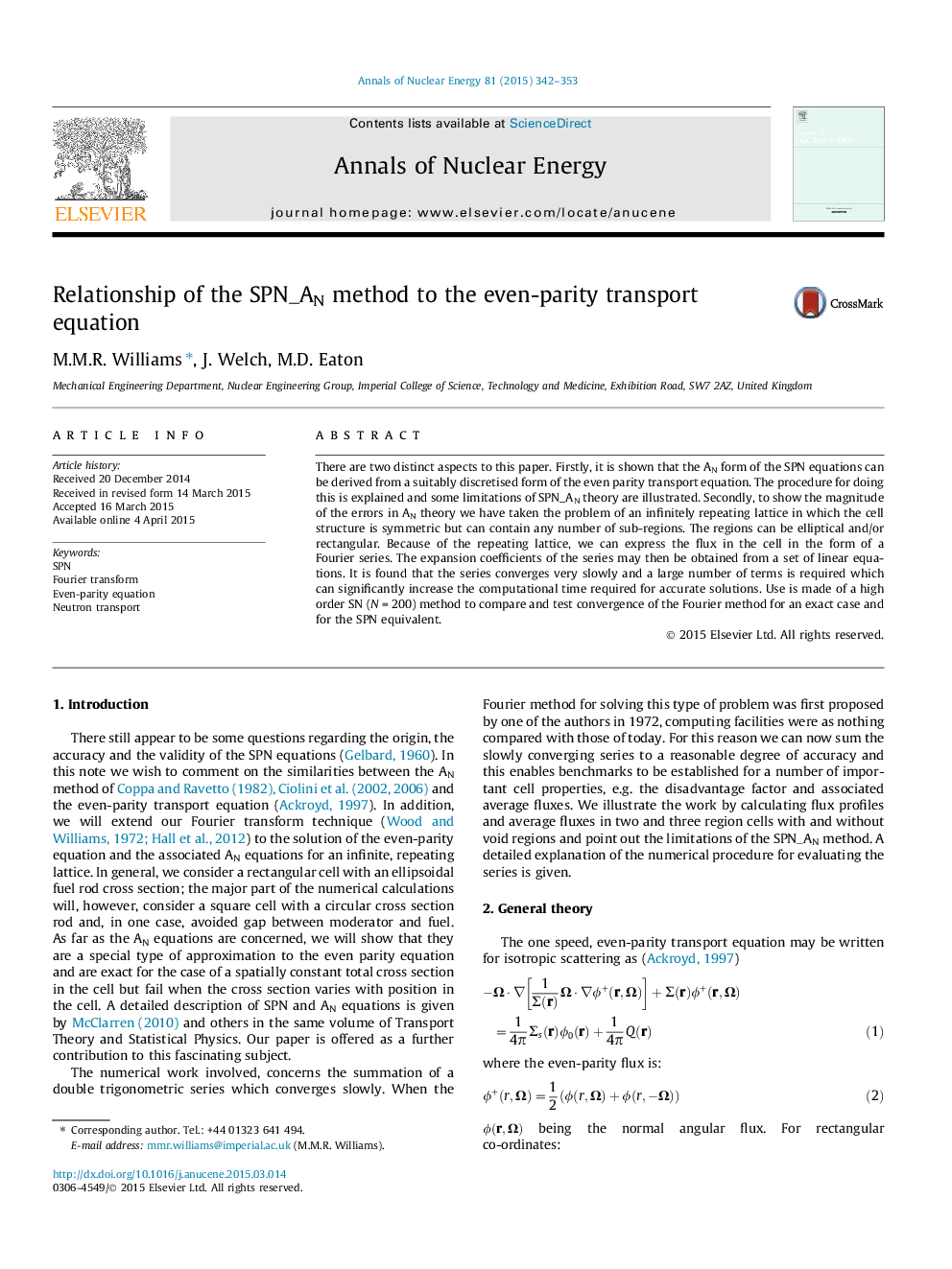 Relationship of the SPN_AN method to the even-parity transport equation