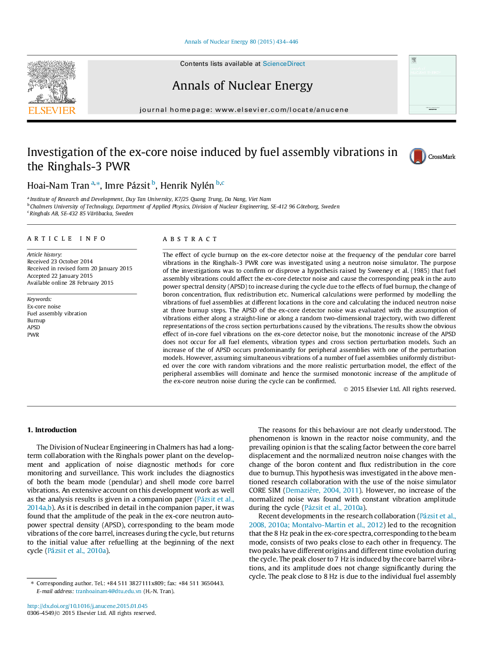 Investigation of the ex-core noise induced by fuel assembly vibrations in the Ringhals-3 PWR