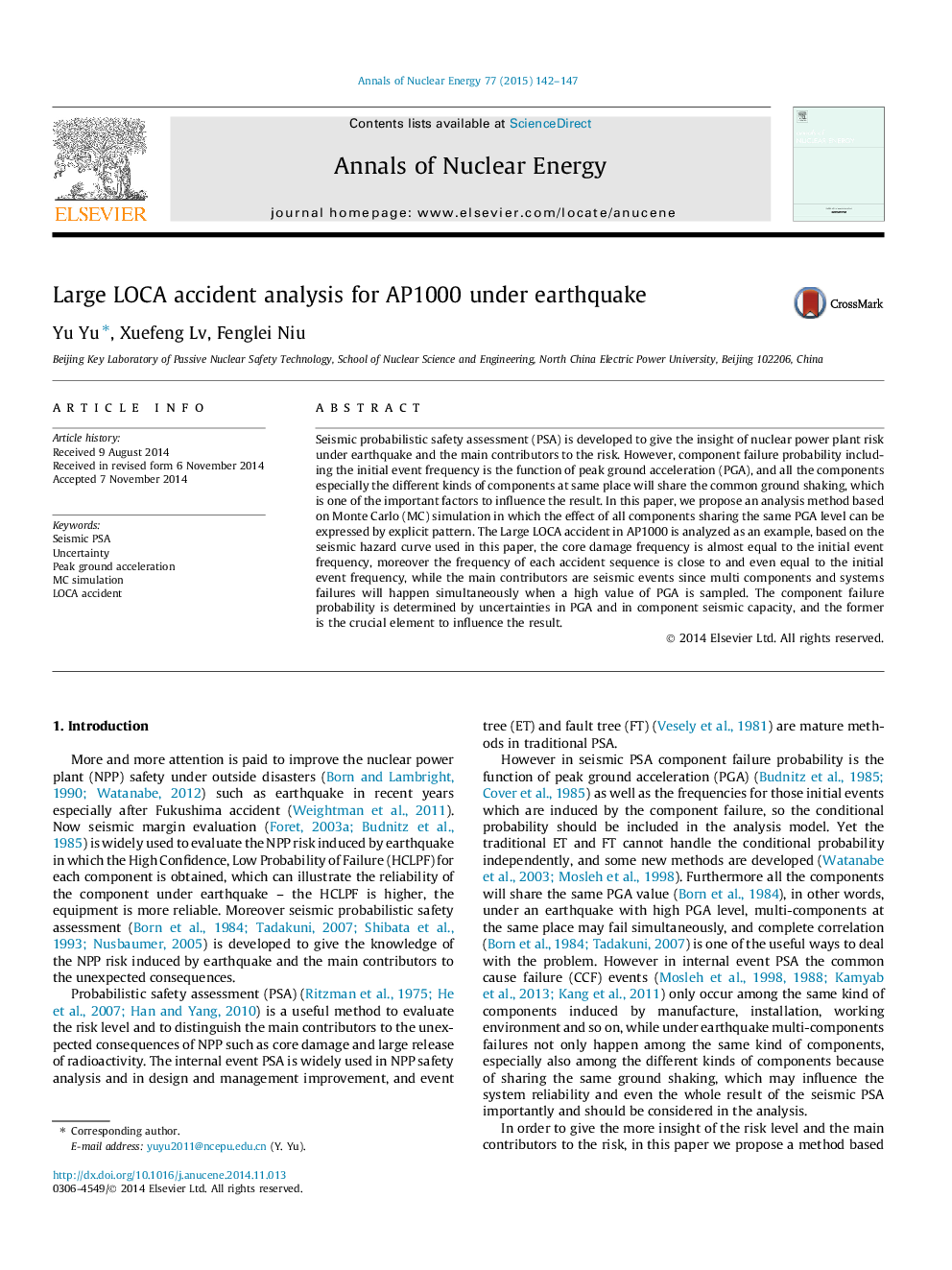 عکس صفحه اول مقاله: Large LOCA accident analysis for AP1000 under earthquake Large LOCA accident analysis for AP1000 under earthquake