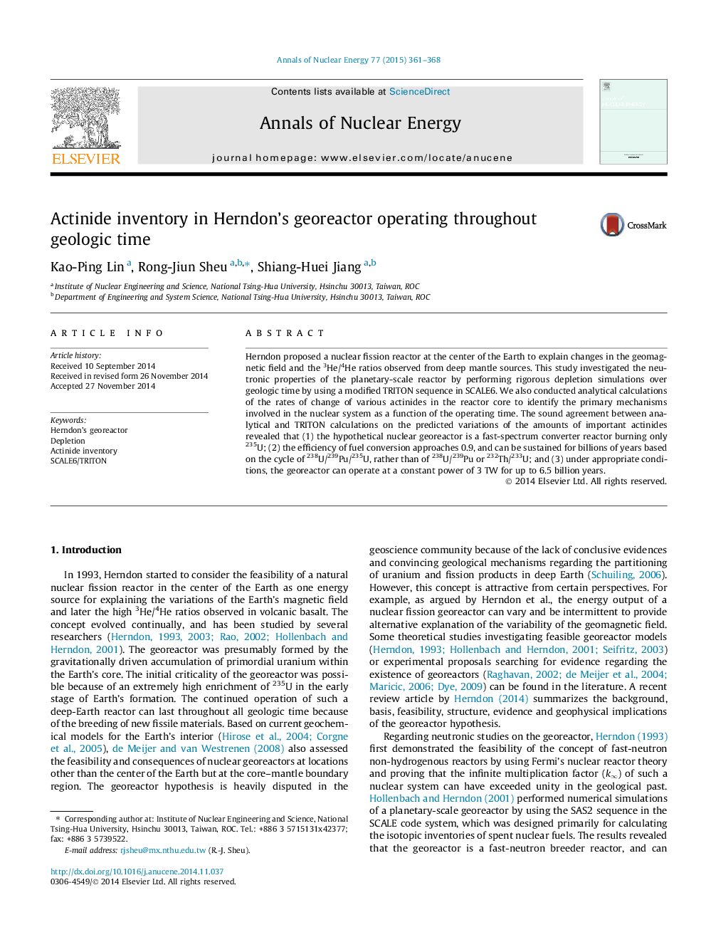 Actinide inventory in Herndon's georeactor operating throughout geologic time