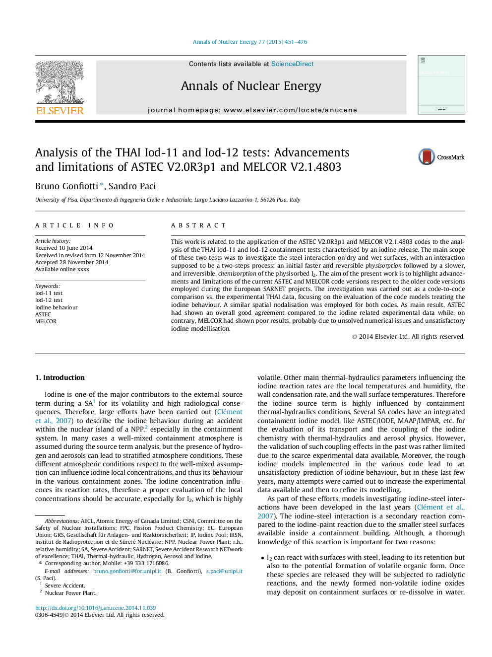 عکس صفحه اول مقاله: Analysis of the THAI Iod-11 and Iod-12 tests: Advancements and limitations of ASTEC V2.0R3p1 and MELCOR V2.1.4803 Analysis of the THAI Iod-11 and Iod-12 tests: Advancements and limitations of ASTEC V2.0R3p1 and MELCOR V2.1.4803