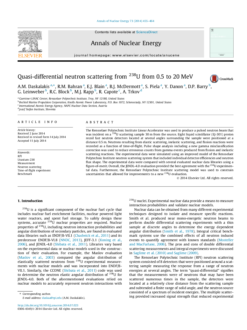 Quasi-differential neutron scattering from 238U from 0.5 to 20Â MeV