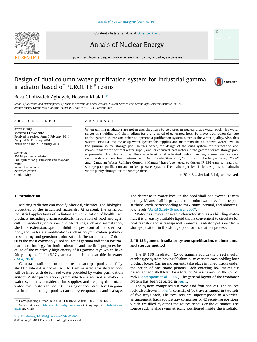 Design of dual column water purification system for industrial gamma irradiator based of PUROLITE® resins