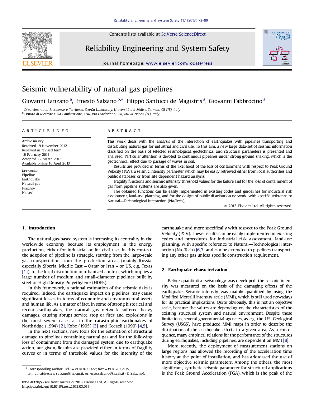 Seismic vulnerability of natural gas pipelines