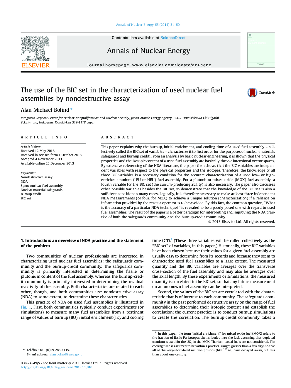 عکس صفحه اول مقاله: The use of the BIC set in the characterization of used nuclear fuel assemblies by nondestructive assay The use of the BIC set in the characterization of used nuclear fuel assemblies by nondestructive assay