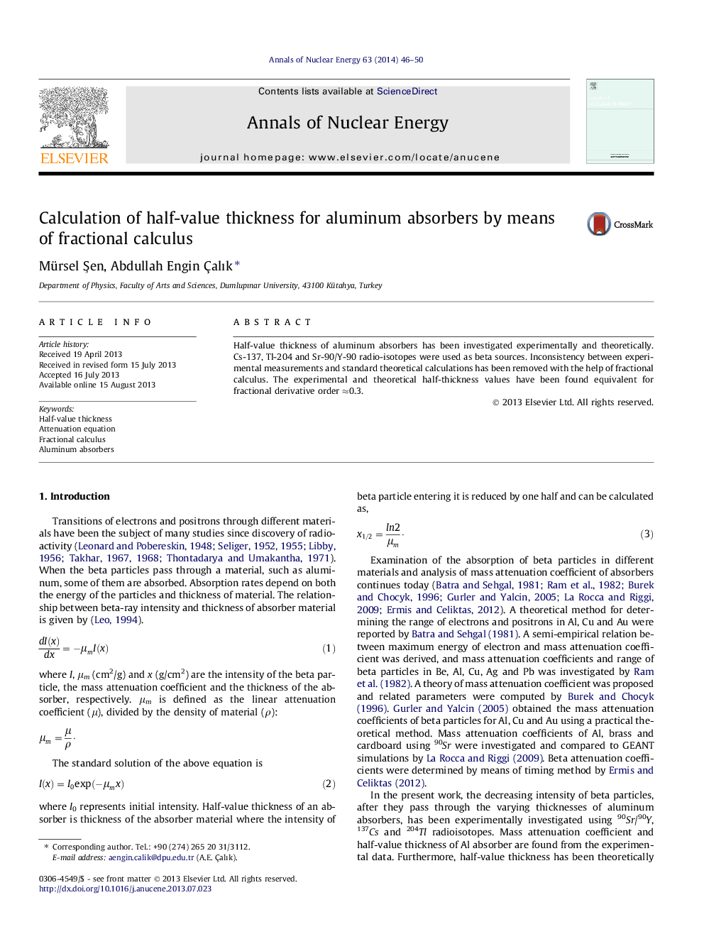 Calculation of half-value thickness for aluminum absorbers by means of fractional calculus