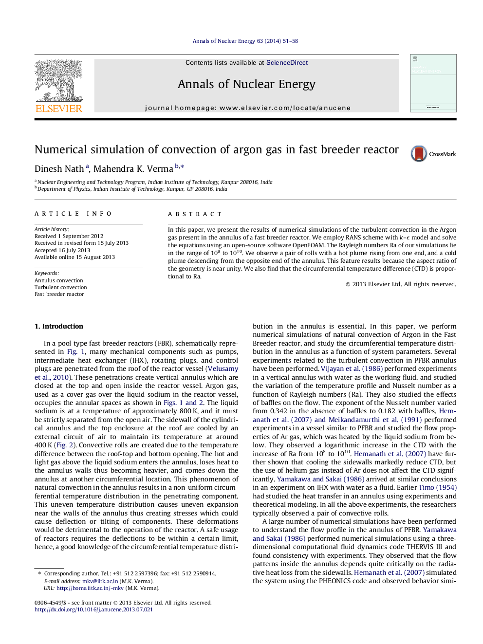 Numerical simulation of convection of argon gas in fast breeder reactor