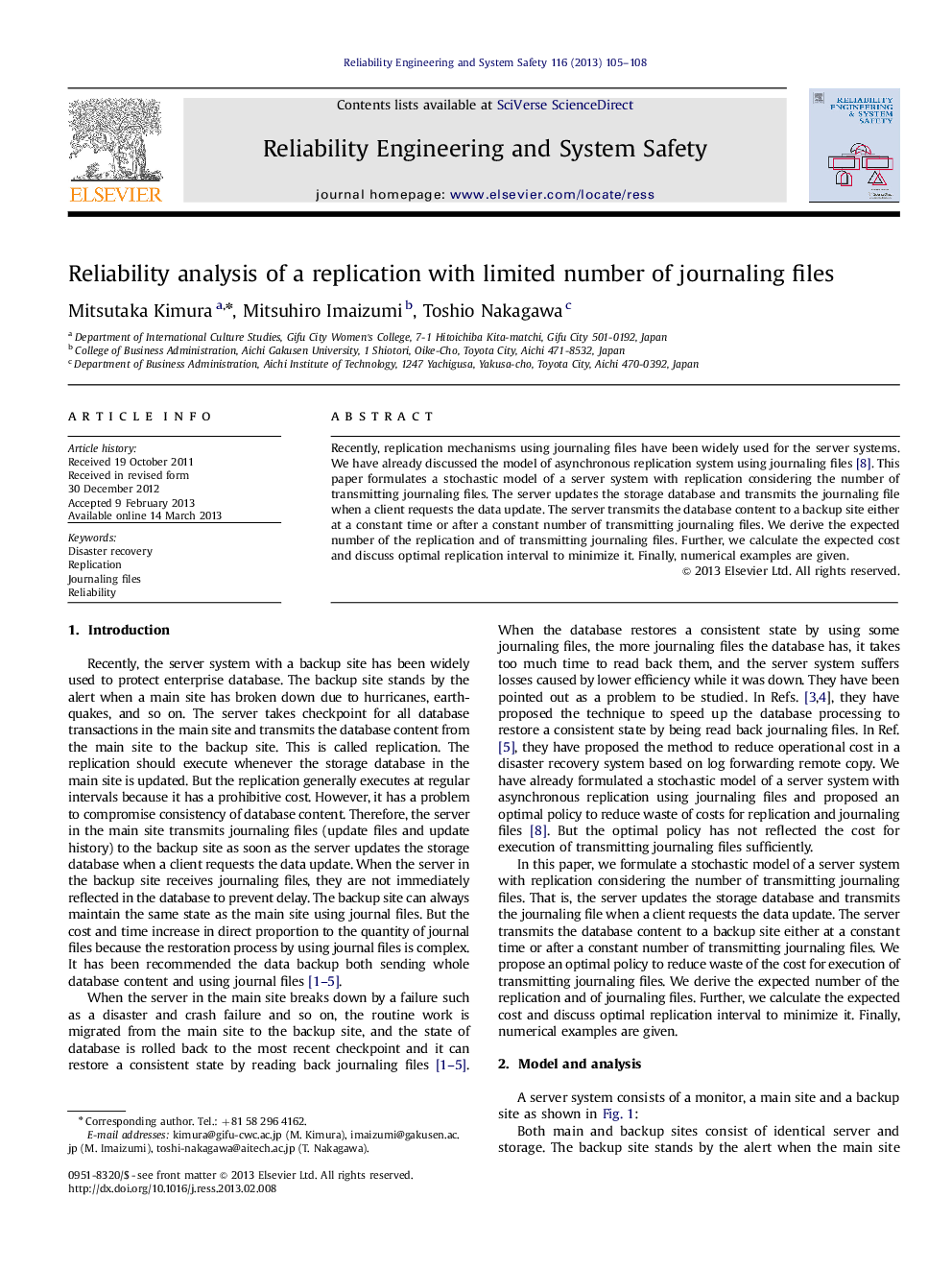 عکس صفحه اول مقاله: Reliability analysis of a replication with limited number of journaling files Reliability analysis of a replication with limited number of journaling files